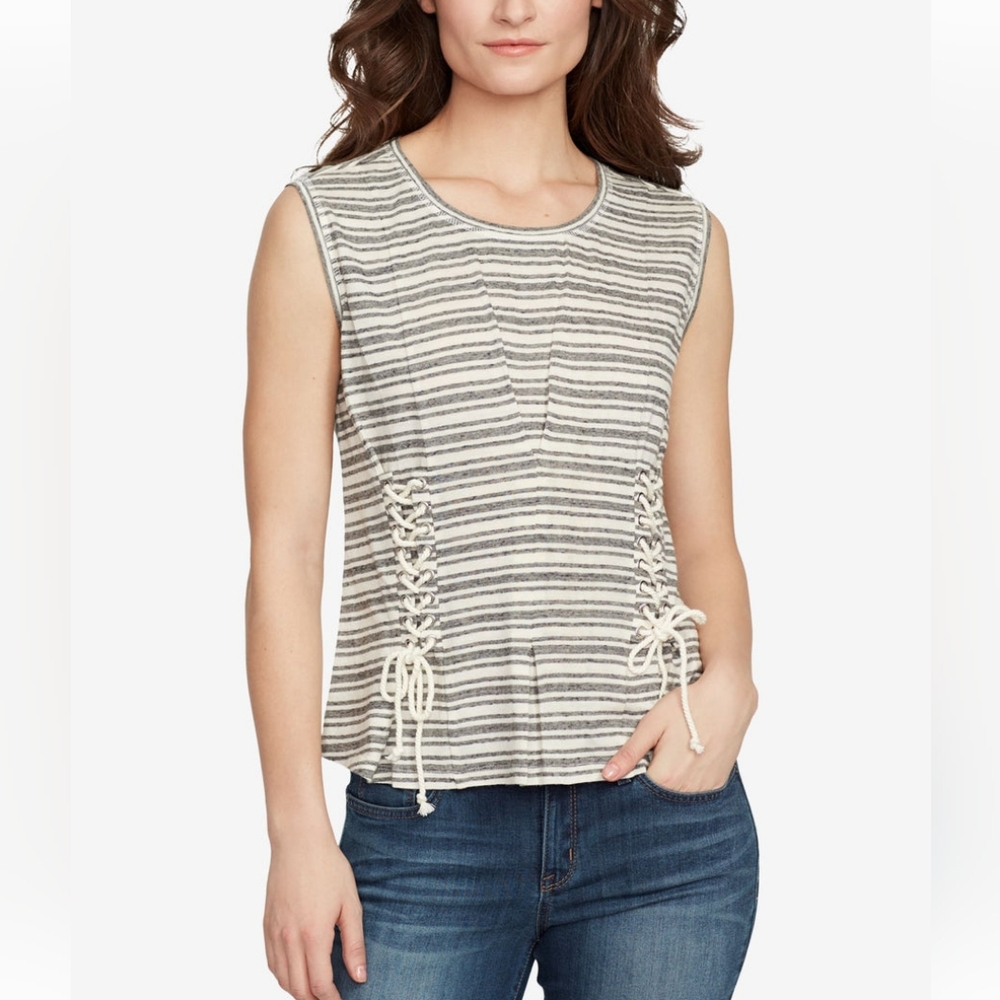 WILLIAM RAST‎ Sleeveless Striped Lace Up Corset Detail Top sz XL Gray
